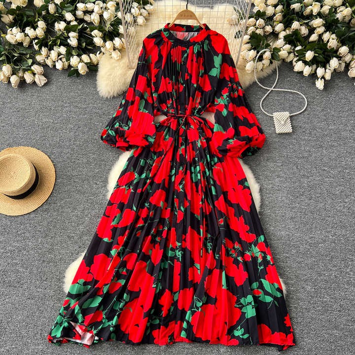 Vintage Tunic Pleated Midi Dress for Women Long Sleeve Empire Printed Lace Dress