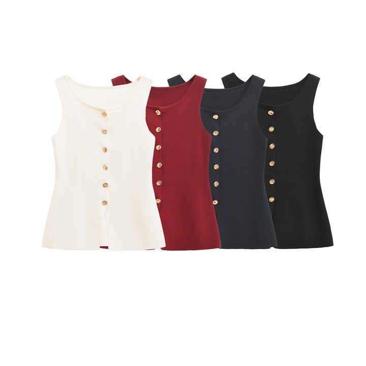 2025 New Spring Summer Women's Clothing Metal Buckle Slit Knitted Vest Slim Fit Vest Top Cardigan
